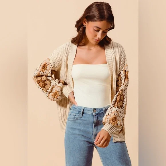 Beige ivory Flower floral granny embroidered cardigan boho bohemian sweater - Picture 7 of 16